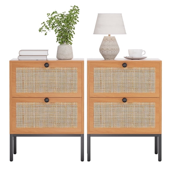 Brafabhome Set of 2 Rattan Nightstands with 2 Drawers, Modern Bedside Table with Large Storage for Bedroom, Accent Sofa End Tables for Living Room | Brown