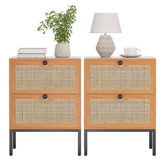 Brafabhome Set of 2 Rattan Nightstands with 2 Drawers, Modern Bedside Table with Large Storage for Bedroom, Accent Sofa End Tables for Living Room | Brown