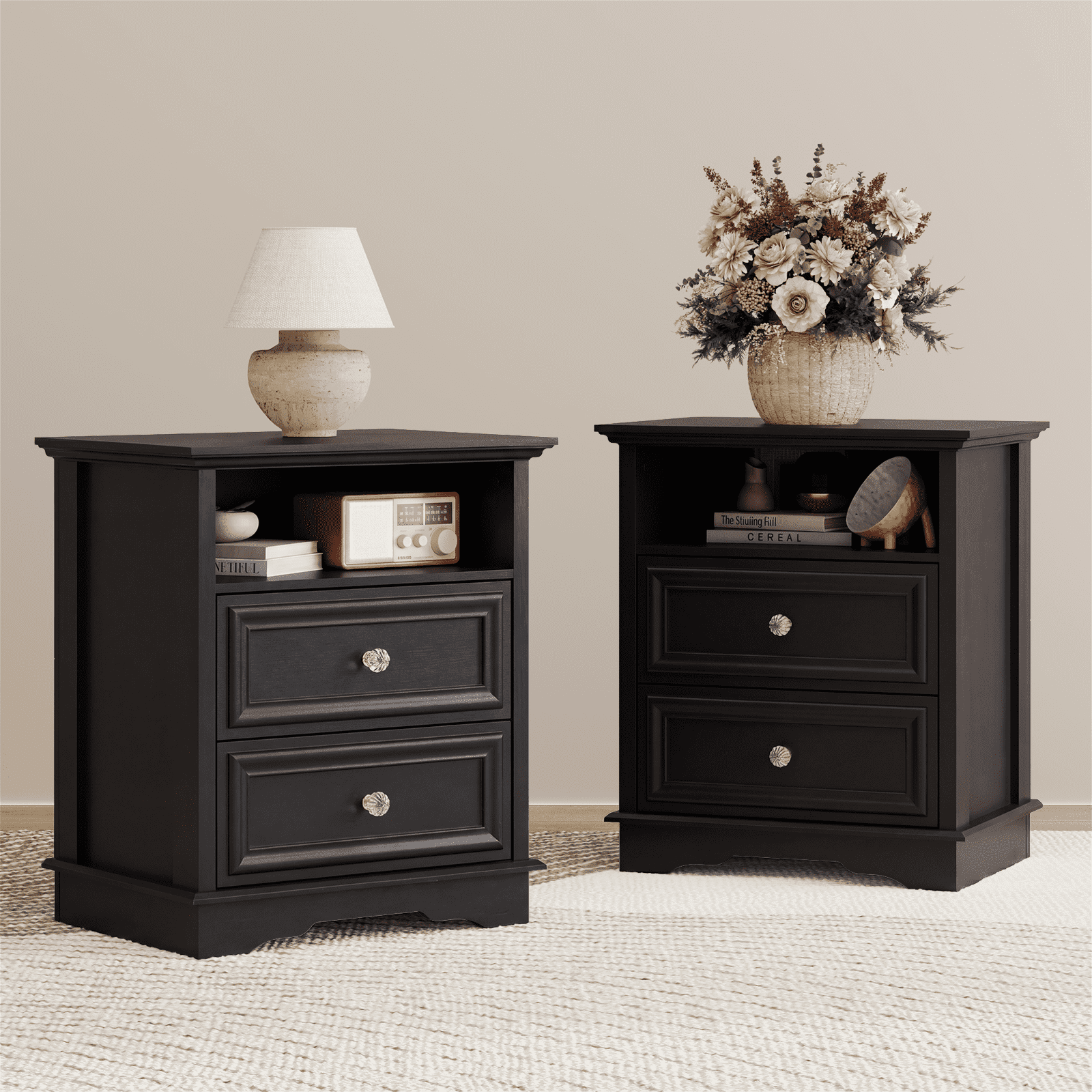 Brafabhome Set of 2 Nightstands with 2 Drawers, Mid-Century Bedside Table with Open Storage Shelf and Hidden Drawer for Bedroom Living Room | Black