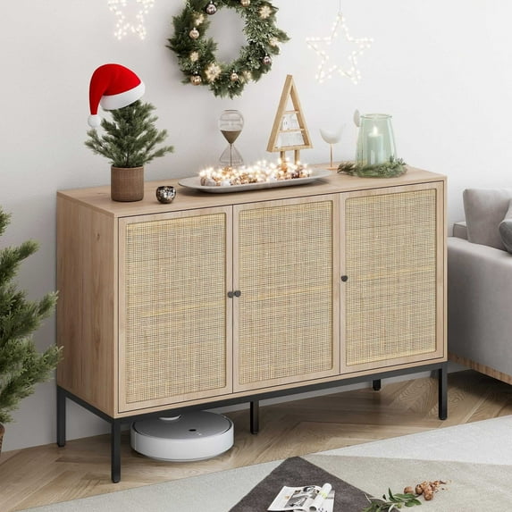 Brafabhome Boho Sideboard Buffet Cabinet with 3 Rattan Doors, Wood Storage Credenza with Steel Legs for Living Room, Dining Room, Entryway, Kitchen | Beige