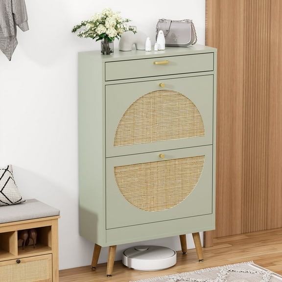 Brafabhome Slim Shoe Cabinet with 2 Flip Drawers, Rattan Entryway Shoe Storage Closet with Drawer for Slippers Sneakers and High Heels | 12 Pairs