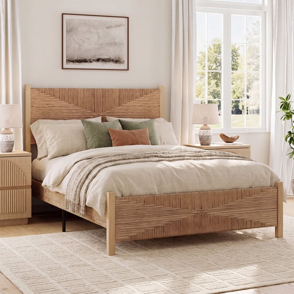 Brafabhome Solid Wood King Bed Frame with Tall Headboard, Boho 3D Hand-Woven PE Rattan Bed Frame with Metal Slats, No Box Spring Needed, 1000 lbs