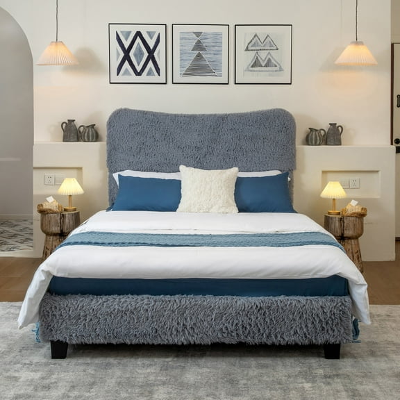 Brafabhome Upholstered Queen Bed Frame with Round Headboard, Soft Fluffy Fuzzy Platform Bed Frame and Mattress Foundation with Wooden Slat Support, No Box Spring Needed | Gray