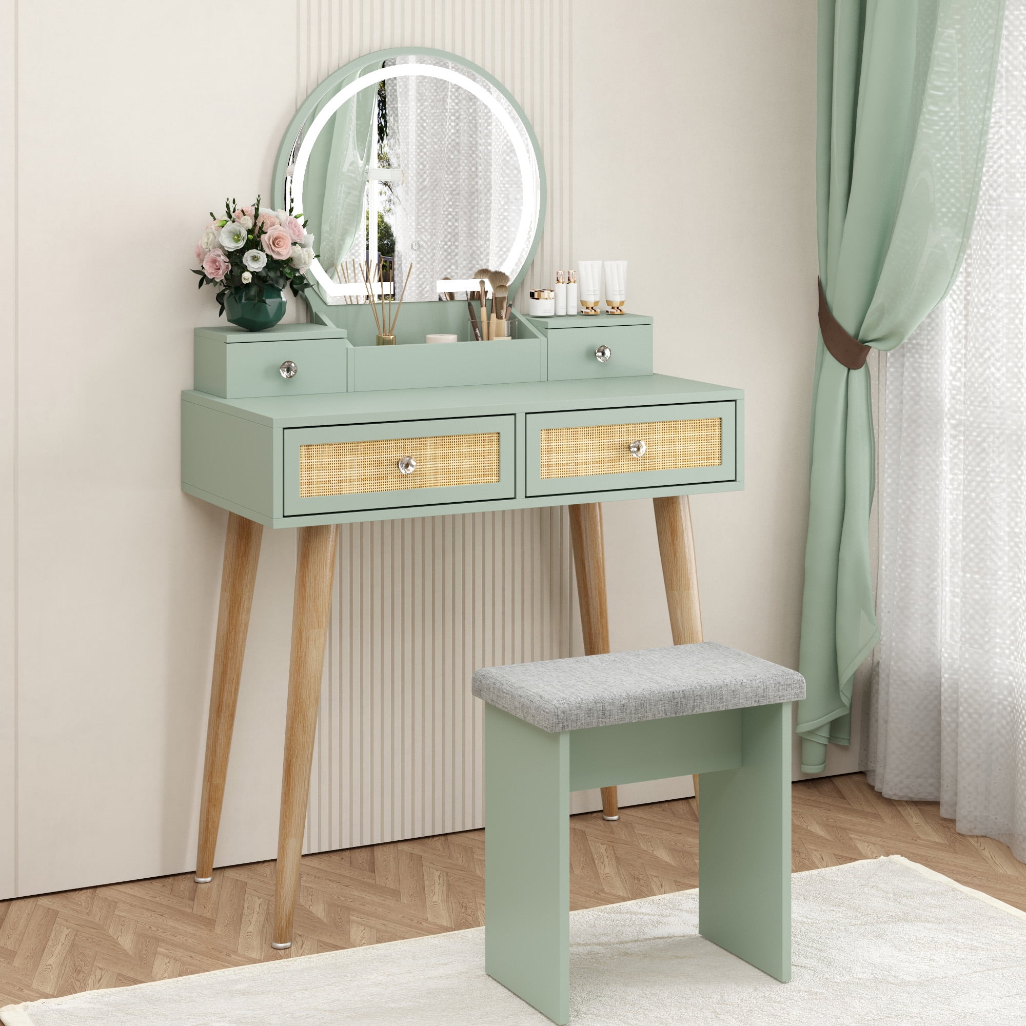 green emerald velvet dress OOzie Green Velvet Dressing Table, with Mirror and Soft Cushioned Stool  with Golden Legs, Makeup Table, Easy Assembly (A 80cm) (A 80cm) : main image 1
