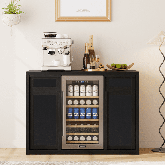 Brafabhome Wine Bar Cabinet with Fridge Space, Liquor Coffee Station with Glass Holder, Snack Organizer with Storage, Mini Fridge Cabinet With Charging Station for Home Theater or Game Room | Black
