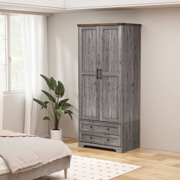 Brafabhome Farmhouse Wood Armoire Wardrobe Closet with 2 Doors, 71" Tall Freestanding Wardrobe Clothes Cabinet with Drawers and Hanging Rod for Bedroom | Gray