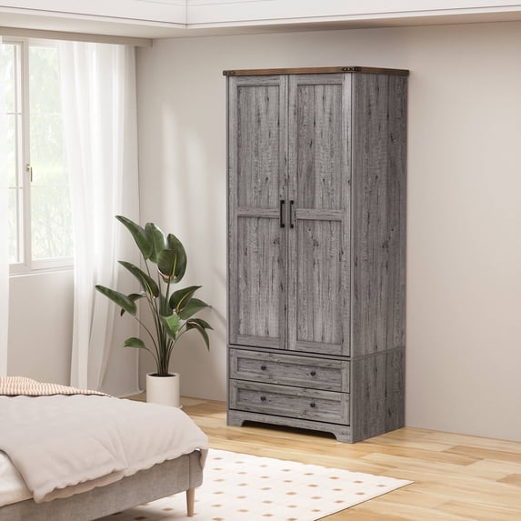 Brafabhome Farmhouse Wood Armoire Wardrobe Closet with 2 Doors, 71" Tall Freestanding Wardrobe Clothes Cabinet with Drawers and Hanging Rod for Bedroom | Gray
