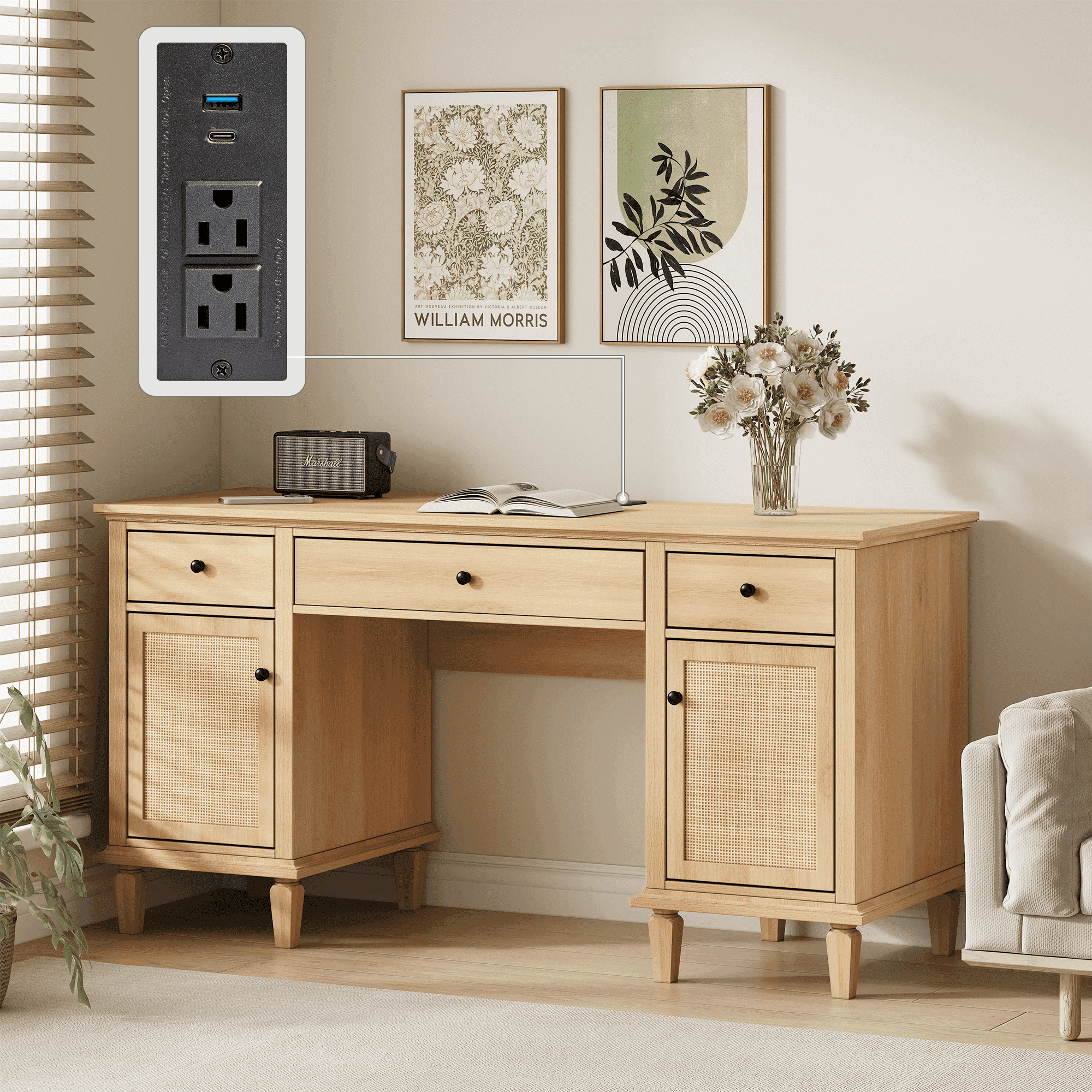 Brafab 3-Drawer Rattan Writing Desk with Storage Shelf & Power Outlets,Computer Desk with 5 Drawers and File Cabinet for Storage Home Office Desks,58.2 x 20.8 in