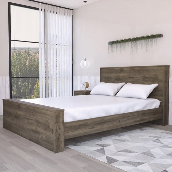 Full Size Solid Wood Platform Bed Base with 38.58'' Headboard, Gray for Bedroom