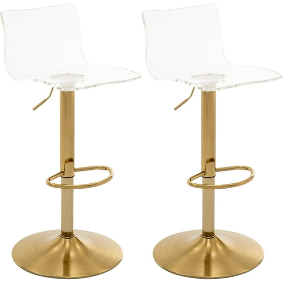 Brage Living Acrylic Bar Stools with Mid Back, Set of 2, Transparent Adjustable Swivel Airlift Barstools, Counter Height Bar Chairs for Kitchen Dining Pub Cafe (Clear, Gold Base)