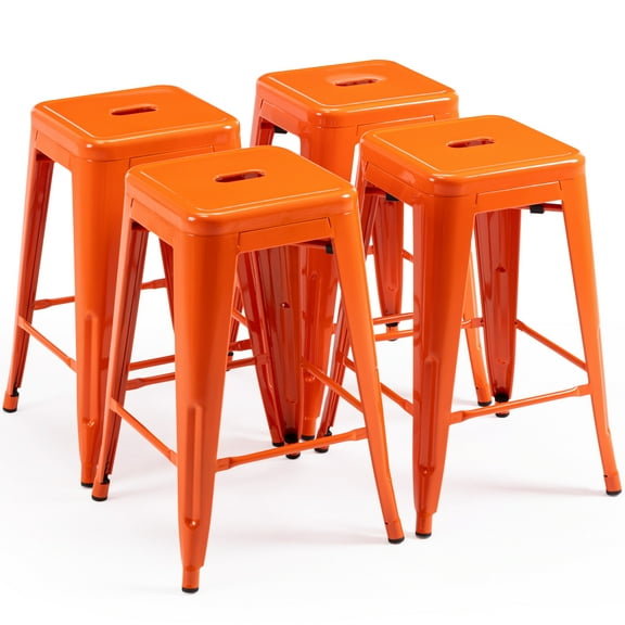 Brage Living Direct 24 Inch Metal Bar Stools Modern Counter Barstools Backless Stackable Indoor/Outdoor Patio Furniture Bar Stools Kitchen Counter Pub Chairs, Set of 4（Orange）