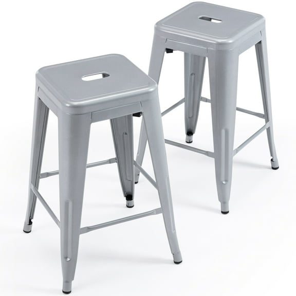Brage Living Industrial Metal Bar Stools Counter Stool Barstools Modern Backless Stackable Metal Bar Stools Kitchen Counter Stools Chairs 24 inch Set of 2(Silver)