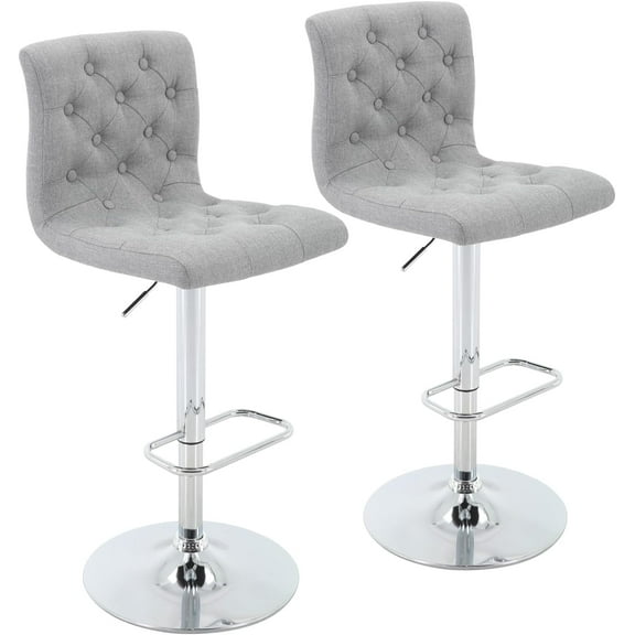 Brage Living Tufted Fabric Bar Stools Set of 2, Adjustable Swivel Counter Height Barstools with Back, Upholstered Armless Airlift Bar Chairs for Kitchen Dining Cafe (Light Grey)