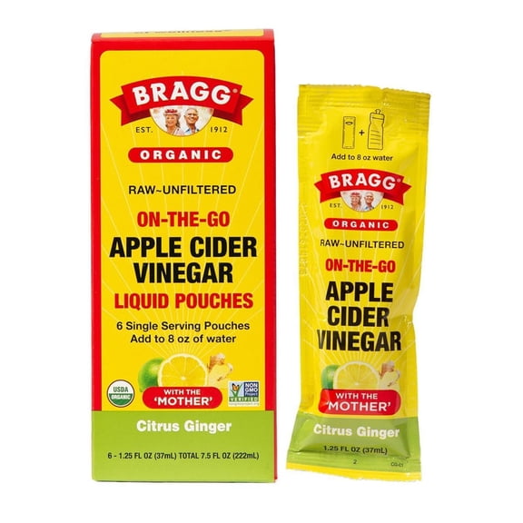 Bragg Organic Apple Cider Vinegar Citrus Ginger Pouches, 1.25 fl oz, 6 Pack