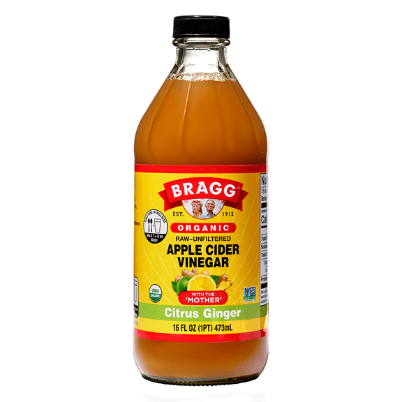 Bragg Organic Apple Cider Vinegar Citrus Ginger with The Mother, Raw and Unfiltered, 16 fl oz