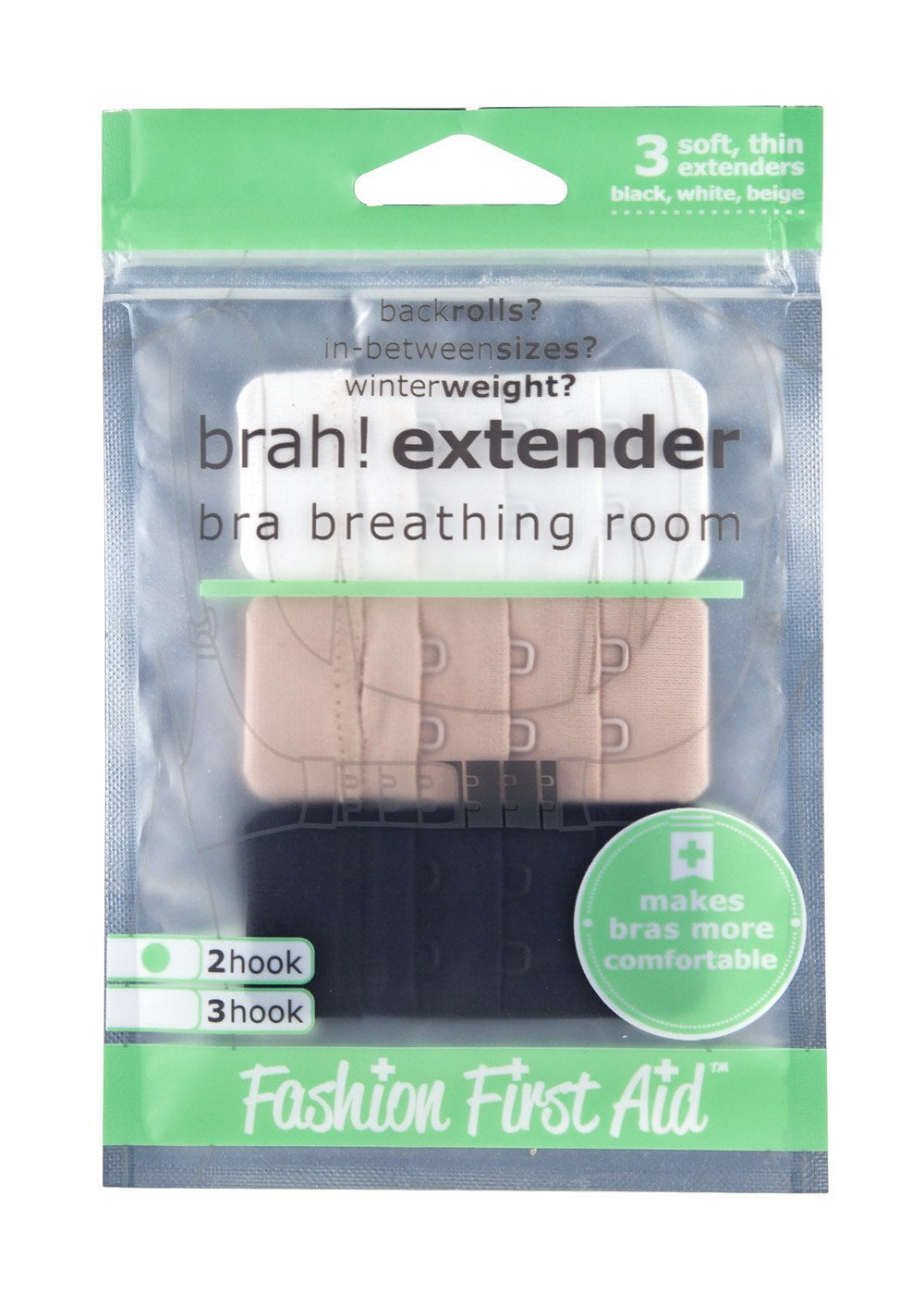 Brah! Extenders: 2 Hook bra extension 3 pack (White, Beige, Black) 2Hook  for bigger longer bra backs & bands