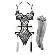 Brahaos Women Lingerie Set Floral Lace Teddy Strap Chain Babydoll Bodysuit Bra and Panty Set with Garter Belts (Black Gold Chain, Large)