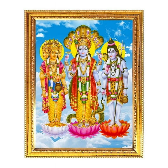 Brahma Vishnu Mahes Indian God Photo With Golden Frames For Pooja And Wall Gift House Warming Office Living Room Table Temple 7.8 X 11.4