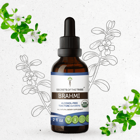 Secrets Of The Tribe Brahmi Organic Tincture Dietary Supplement, Natural Herbal Extract for Memory Support, Certified Organic Brahmi (Bacopa monnieri) Dried Herb, Alcohol-Free Extract, Drops 2 oz