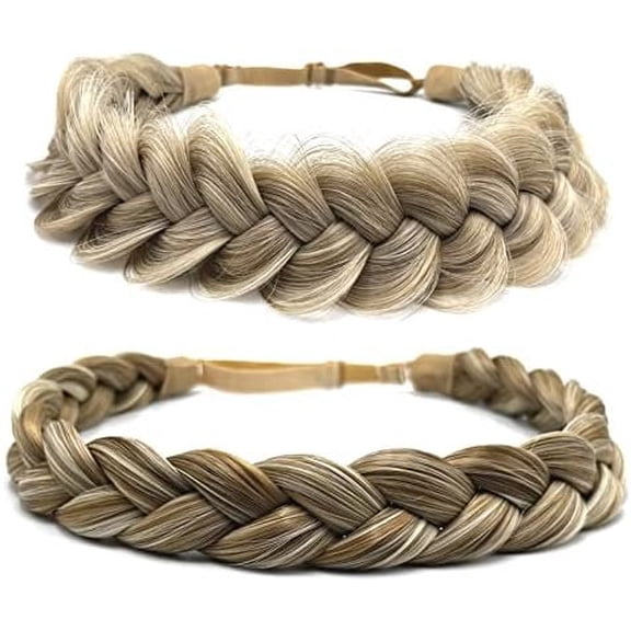 Braid Headband 2 3 Strands combinations Wide Chunky Fluffy Elastic Stretch Hairpiece Braided Headband Women Girl Beauty accessory (Light golden grey)