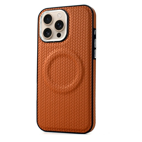 Braid Woven Pattern Desgin PU Leather Case for iPhone 16 Pro, Shockproof Protective, Compatible with Magsafe, Support Wireless Charging Slim Phone Case for iPhone 16 Pro, Darkbrown