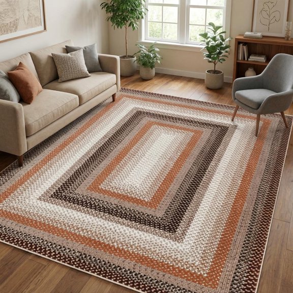 Braided Area Rug 3x5 Entryway Rug Non Slip Washable Small Rugs for Living Room Low Pile Non-Shedding Entrance Mat Rustic Stain Resistant Soft Rugs for Dorm Bedroom Under Table Brown/Orange