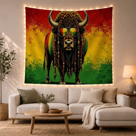 Braided Bison Against Red, Yellow and Green Stripes, Playful Digital Art for Wildlife Fans, Street Art Decor, Birthday Gift, Tapestry Wall Hanging for Man Cave and Living Room