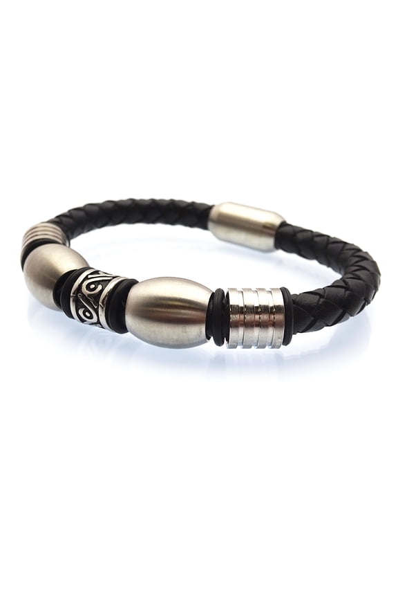 Braided Black Leather & Geo-Inspired Steel Beads with Greek Design Bracelet