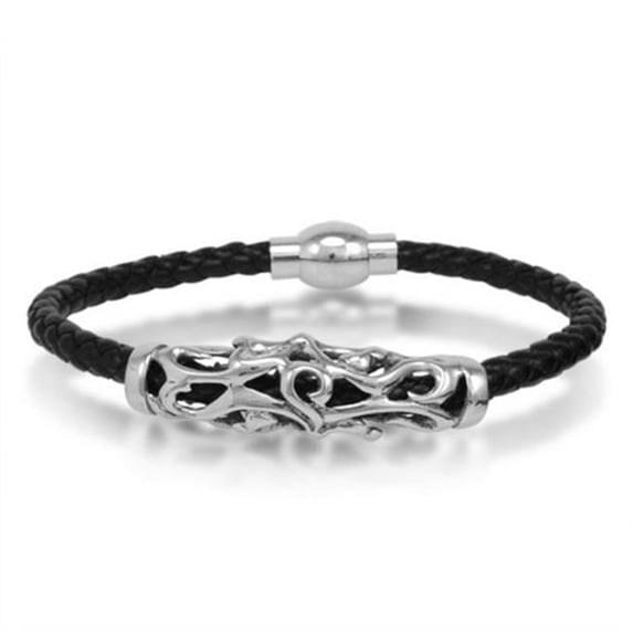 Braided Black Leather Mens Bracelet 5 mm 8.5 in. with Magnetic Stainless Steel Clasp