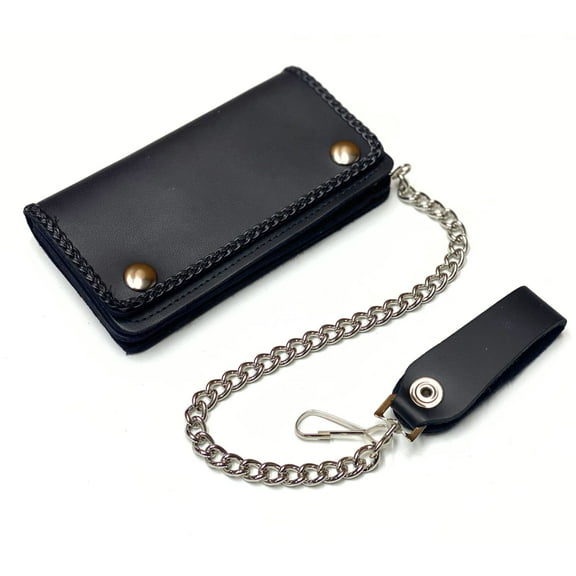 Braided Black Leather Trucker Wallet with Chain - Snap Biker Wallet