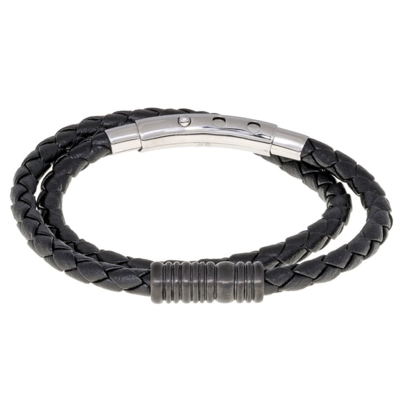 Braided Genuine Black Leather Dual Band Bracelet with Adjustable Stainless Steel Closure