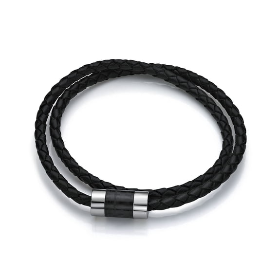 Stainless Steel 2- Row Leather Bracelet with Carbon Magnetic Clasp