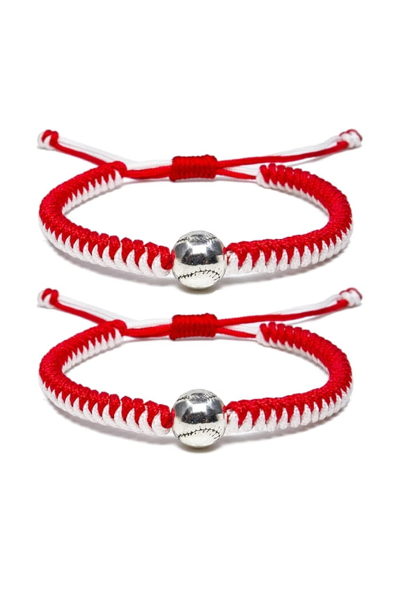 Braided Bracelets Baseball Gifts for Boys Adjustable Wristbands with Baseball Beads, Inspirational Baseball Bracelets for Girls Teens Adults (Red 2PCS)