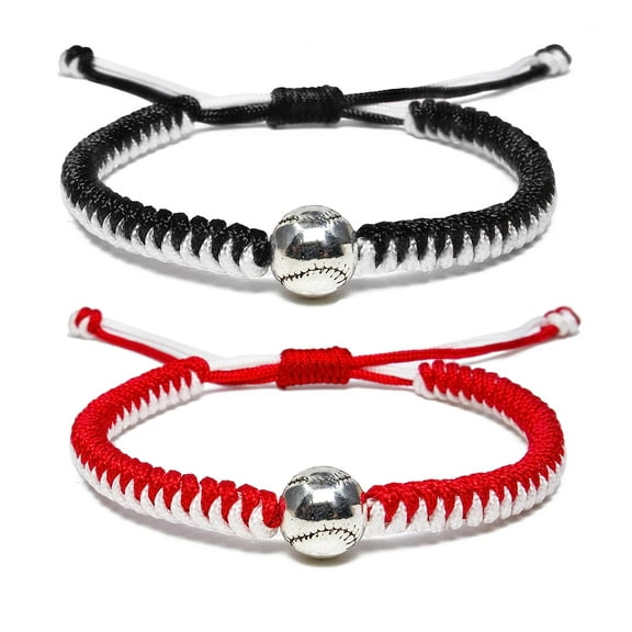 Braided Bracelets Baseball Gifts for Boys Adjustable Wristbands with Baseball Beads, Inspirational Baseball Bracelets for Girls Teens Adults (Red and Black 2PCS)