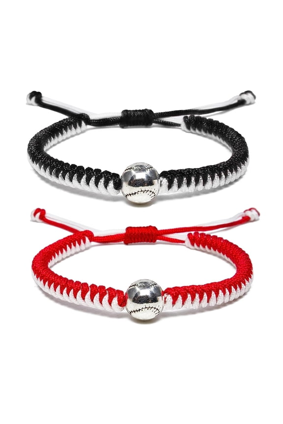Braided Bracelets Baseball Gifts for Boys Adjustable Wristbands with Baseball Beads, Inspirational Baseball Bracelets for Girls Teens Adults (Red and Black 2PCS)
