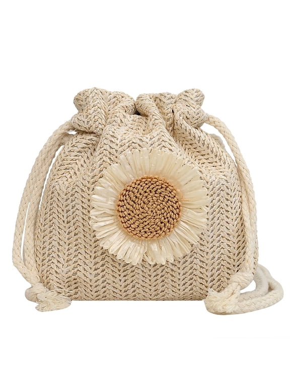 Braided Bucket Pack Summer Woven Crossbody Bags for Women Hobo Drawstring Purse Vacation Handbags Beach Bag
