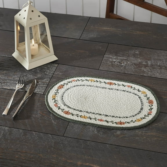 VHC Brands Braided Cotton Pumpkin Bounty Oval Placemat Stencil 10x15, Decorative Fall Placemat, Table Decor for Fall and Thanksgiving