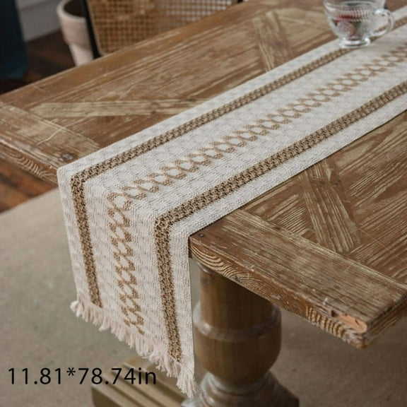 Braided Farmhouse Table Runner Vintage Woven Table Runner Cotton Linen Striped Stitching Table Decorations with Tassel for Dining Party Holiday,11.81*78.74''