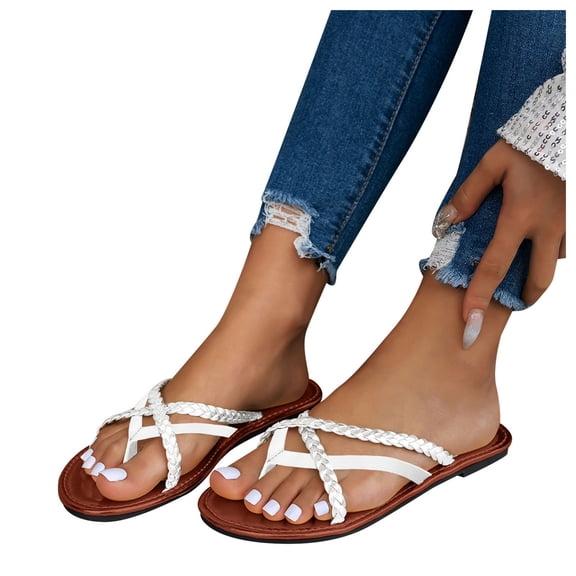Braided Flip Flops for Women 2025 Boho Summer Beach Flats Slip on Sandals Casual Slides Dress Slippers