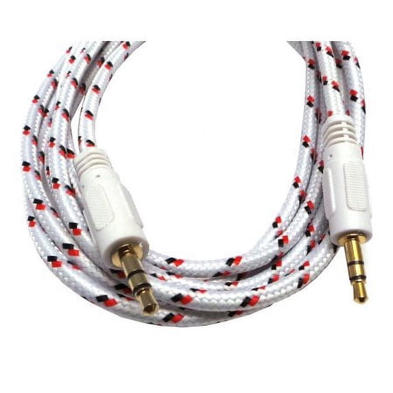 Braided Gold Plated 3.5mm Plug Male to Male Stereo Auxiliary Aux Cord Cable (3ft) - White