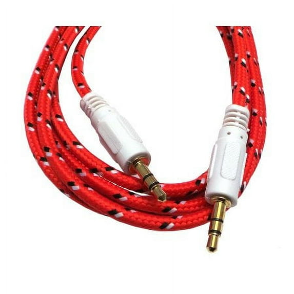 Braided Gold Plated 3.5mm Plug Male to Male Stereo Auxiliary Aux Cord Cable (6ft) - Red
