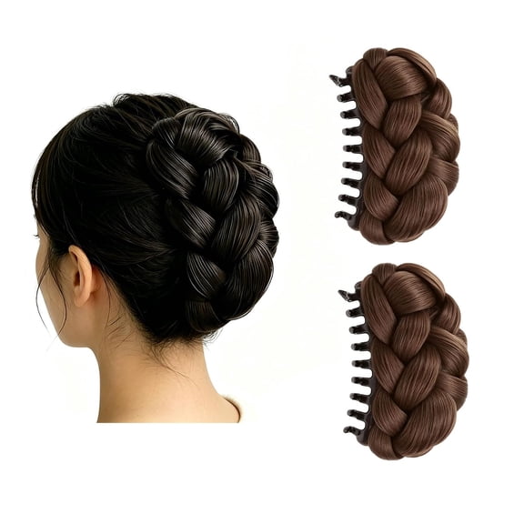 Braided Hair Bun Claw Clip, 2 Pack Synthetic Messy Updo Hair Piece for Women Daily and Formal Hairstyles, Light Brown