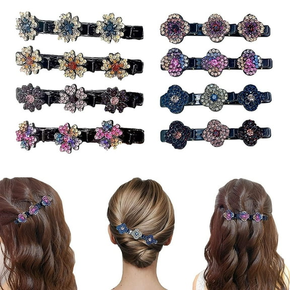 Braided Hair Clip with 3 Small Clips, Multi Clip Hair Barrette, Triple Hair Clips with Rhinestones for Sectioning (Clover&Plum-8 PCS)