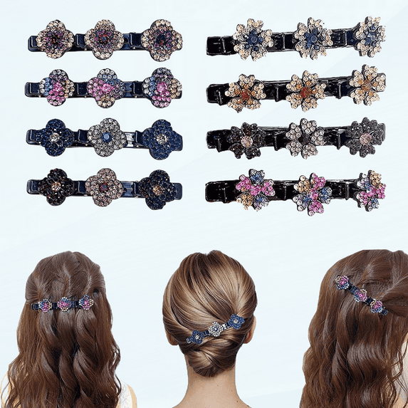Braided Hair Clip with 3 Small Clips, Multi Clip Hair Barrette, Triple Hair Clips with Rhinestones for Sectioning (Clover&Plum-8 PCS)