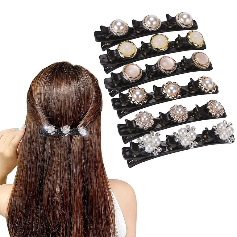 Menkey Braided Hair Clips for Women Girls, 6pcs Satin Fabric Hair Bands with 3 Small Clips, Triple Braided Hair Clip, Rsvelte Hair Clips with Pearl