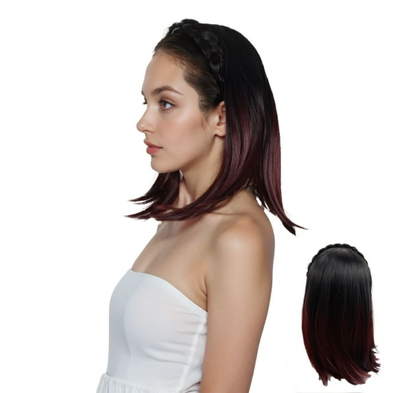 Braided Hairband Wig with Straight Shoulder Hair Extensions Casual Hairpiece for Holiday - Black To Wine Red