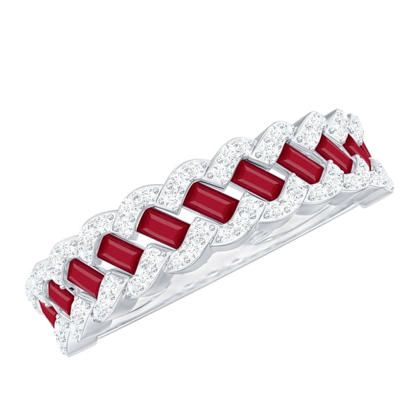 Rosec Jewels Ruby Diamond Half Eternity Band for Women - Baguette Ruby Anniversary Ring - AAA Quality Certified - Ready to Gift, 14K White Gold, US 8.50