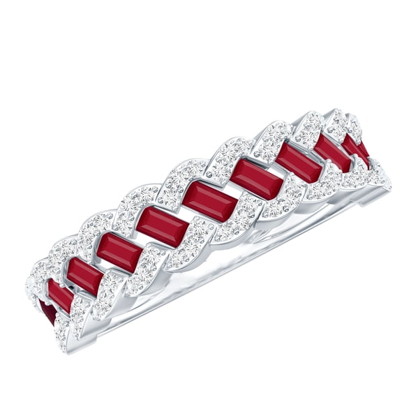 Rosec Jewels Ruby Diamond Half Eternity Band for Women - Baguette Ruby Anniversary Ring - AAA Quality Certified - Ready to Gift, 925 Sterling Silver, US 4.00