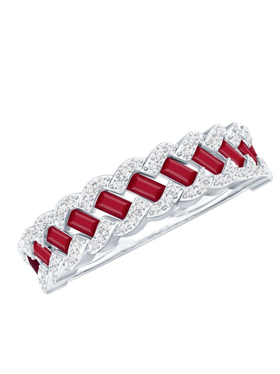 Ruby Diamond Half Eternity Band for Women - Baguette Ruby Anniversary Ring - AAA Quality Certified - Ready to Gift, 925 Sterling Silver, US 4.00