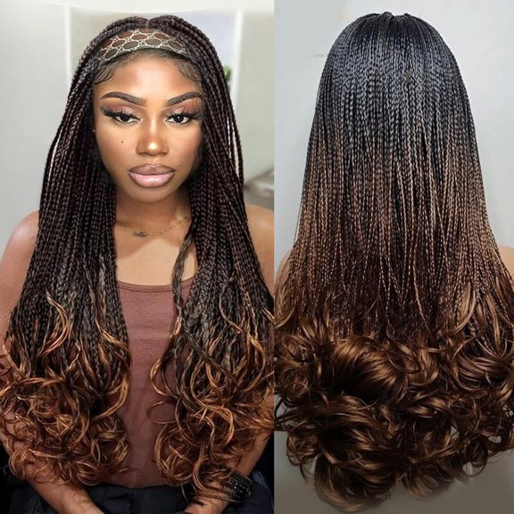 Braided Headband Wigs for Black Women Box Braid Wig with Headband Attached Beach Curl Crochet Hair Wrap Wig With Curly Ends Ombre Brown Ice Silk Wigs 1B/30-A